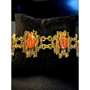 Vintage Bracelet Oval Acrylic Orange Cabochons Gold Tone Adjustable Chain 1960s